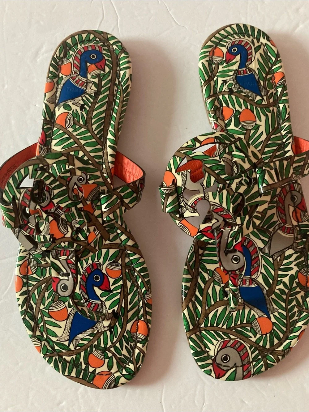 Tory Burch SZ 7 Rare Edition Peacock Print Slide Sandals in Green, Blue.